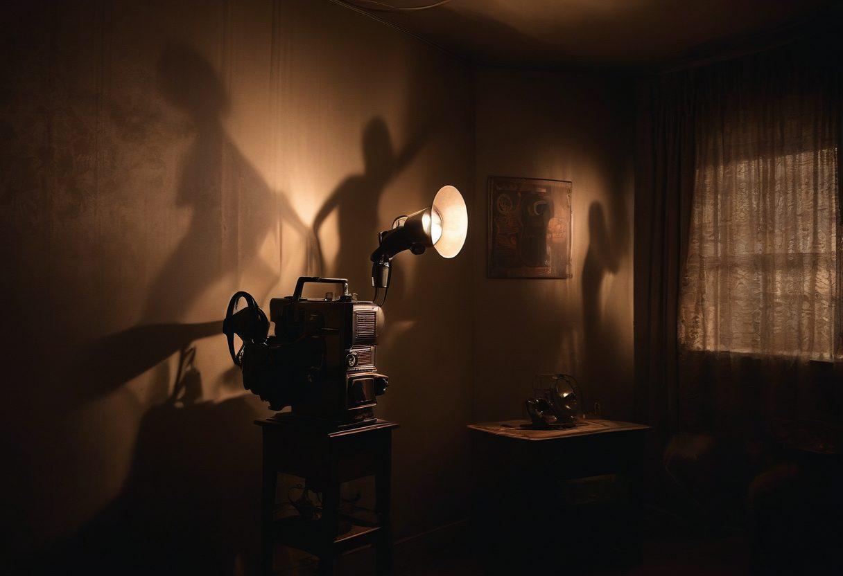 A dimly lit room with a vintage film projector casting scenes of adult entertainment on a wall, surrounded by shadowy figures peeking in curiously. Incorporate elements of intrigue and allure with soft lighting highlighting the voyeuristic theme. Include subtle textures and details like old film reels and playful silhouettes. cinematic. moody lighting. intimate atmosphere.